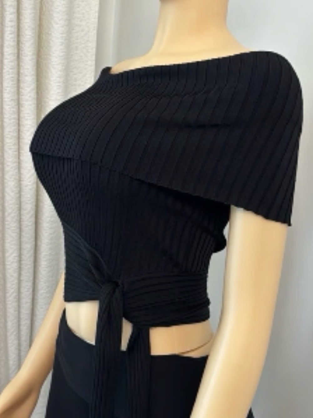 White House Black Market Black Ribbed Knit Off Shoulder Side Tie Crop Sweater - Picture 3 of 13